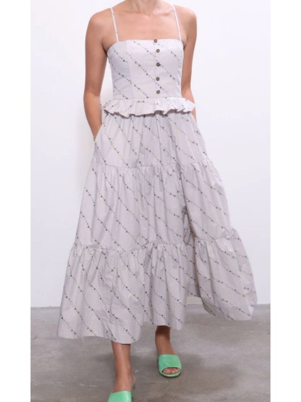 GANNI Printed Floral Cotton Poplin Midi Dress Vapor Blue Size 36